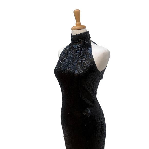 VTG Cache Little Black Dress Sz 4 Sequins Mini Bodycon Halter 90s Y2K Clubwear - Picture 2 of 12